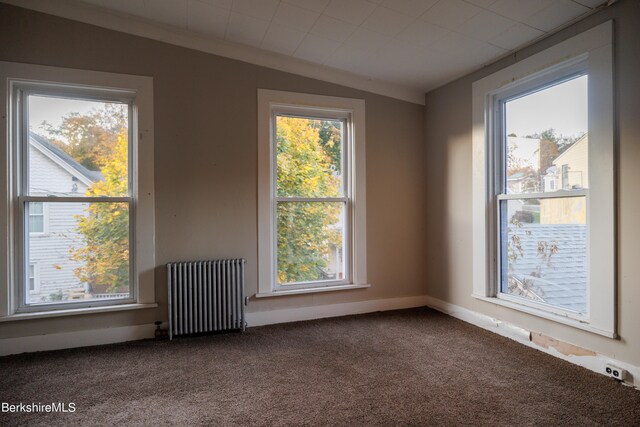 carpeted spare room featuring radiator heating unit, vaulted ceiling, and baseboards
