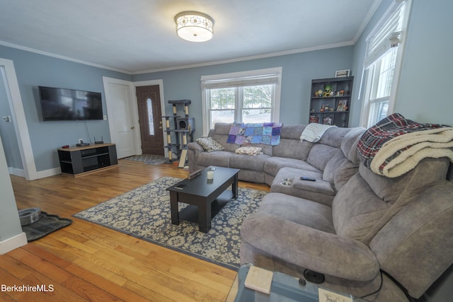 living room with hardwood / wood-style flooring and ornamental molding