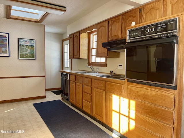 kitchen featuring black appliances, a skylight, and sink