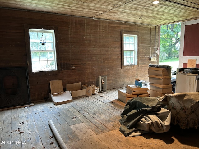 miscellaneous room featuring wood walls, light wood-type flooring, and wooden ceiling