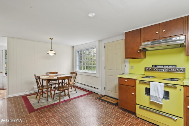 kitchen with electric stove, under cabinet range hood, a baseboard radiator, and brick patterned floors