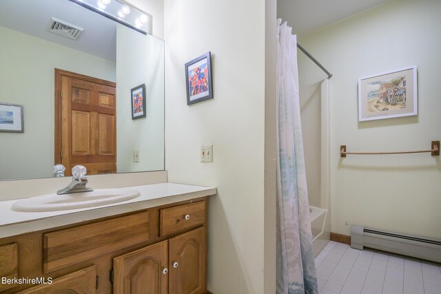26 Filomena Dr, Pittsfield, MA 01201 - bathroom with vanity, a baseboard radiator, and shower / bath combination with curtain