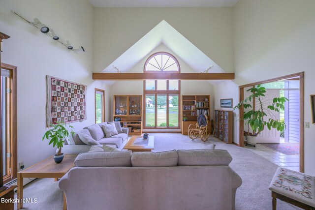 26 Filomena Dr, Pittsfield, MA 01201 - living area with healthy amount of natural light, a towering ceiling, and carpet