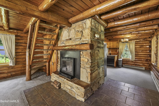 40 Silver St, Lanesborough, MA 01237 - unfurnished living room featuring wooden ceiling with exposed beams, dark colored carpet, a fireplace, log walls, and a baseboard heating unit