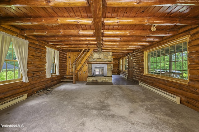 40 Silver St, Lanesborough, MA 01237 - unfurnished living room with a baseboard heating unit, wooden ceiling with exposed beams, log walls, carpet floors, and a stone fireplace