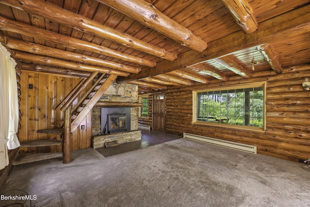 40 Silver St, Lanesborough, MA 01237 - unfurnished living room featuring a baseboard radiator, wood ceiling with exposed beams, carpet floors, a stone fireplace, and log walls