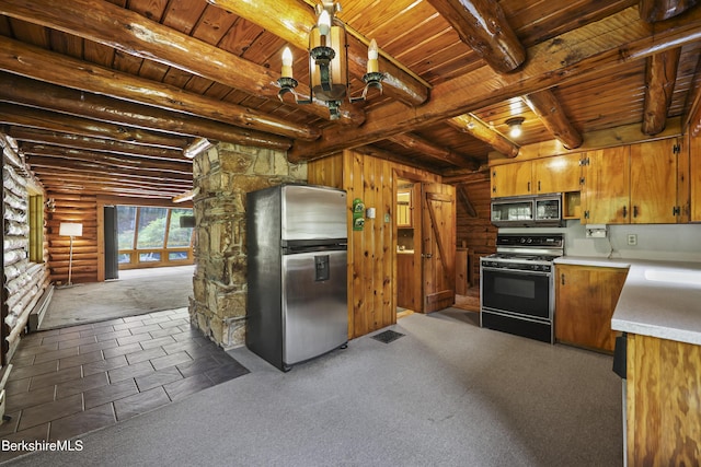 40 Silver St, Lanesborough, MA 01237 - kitchen featuring appliances with stainless steel finishes, wooden ceiling with exposed beams, light countertops, brown cabinetry, and log walls