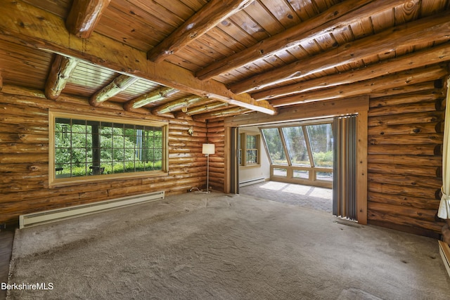 40 Silver St, Lanesborough, MA 01237 - unfurnished living room with a baseboard heating unit, wood ceiling with exposed beams, healthy amount of natural light, carpet floors, and rustic walls