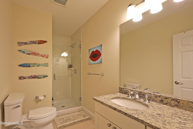 full bathroom with a stall shower, vanity, toilet, tile patterned flooring, and visible vents