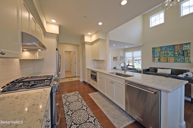kitchen with extractor fan, a sink, a peninsula, appliances with stainless steel finishes, and dark wood-style flooring