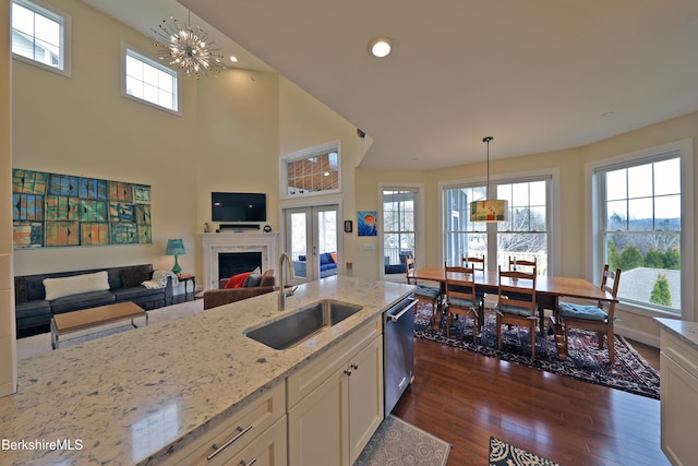 kitchen featuring a high end fireplace, stainless steel dishwasher, a healthy amount of sunlight, and a sink