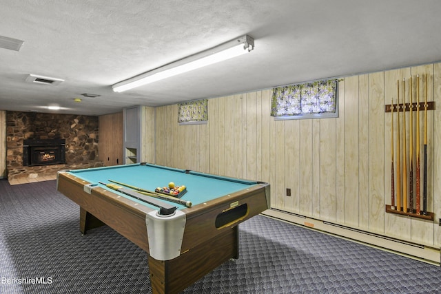 75 E Rd, Adams, MA 01220 - game room featuring a stone fireplace, carpet, pool table, and wooden walls