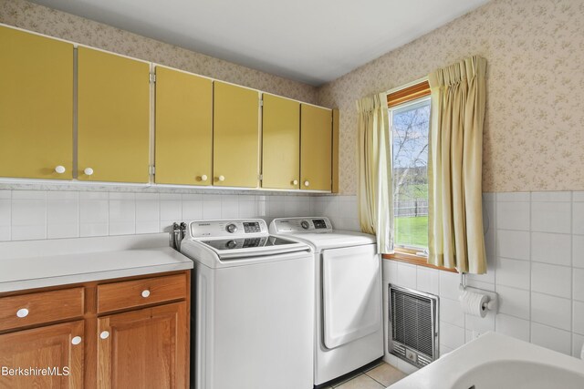 75 E Rd, Adams, MA 01220 - laundry room featuring washing machine and clothes dryer, cabinet space, wallpapered walls, tile walls, and visible vents