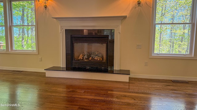 232 Harrington Rd, Otis, MA 01253 - detailed view of wood finished floors, baseboards, and a glass covered fireplace