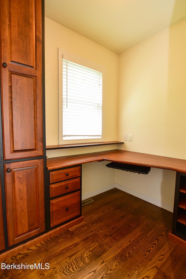 232 Harrington Rd, Otis, MA 01253 - unfurnished office featuring built in study area, dark wood-style floors, and baseboards