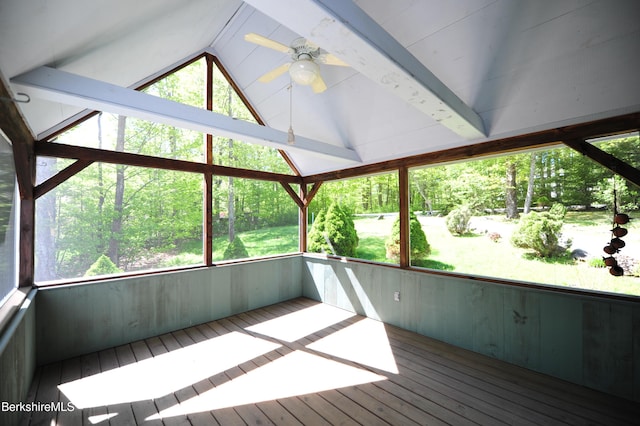 232 Harrington Rd, Otis, MA 01253 - unfurnished sunroom featuring vaulted ceiling, a ceiling fan, and plenty of natural light