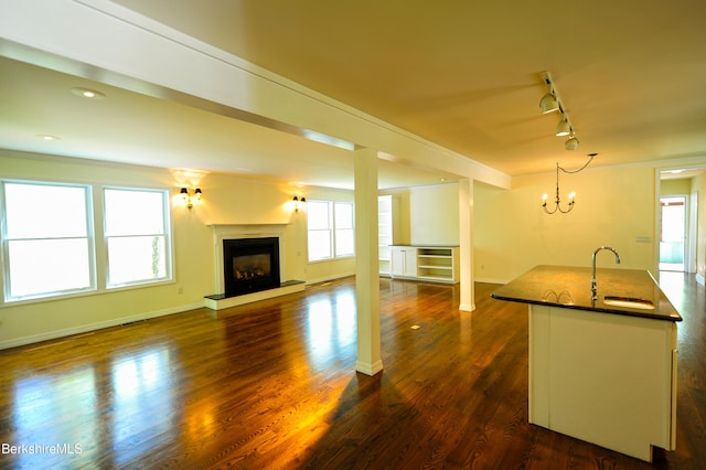 232 Harrington Rd, Otis, MA 01253 - unfurnished living room with a sink, a fireplace with raised hearth, rail lighting, and plenty of natural light