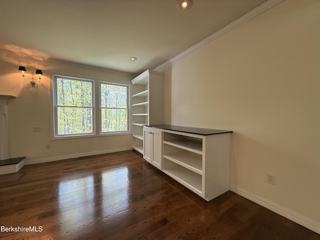 232 Harrington Rd, Otis, MA 01253 - unfurnished living room featuring ornamental molding, baseboards, dark wood finished floors, and recessed lighting