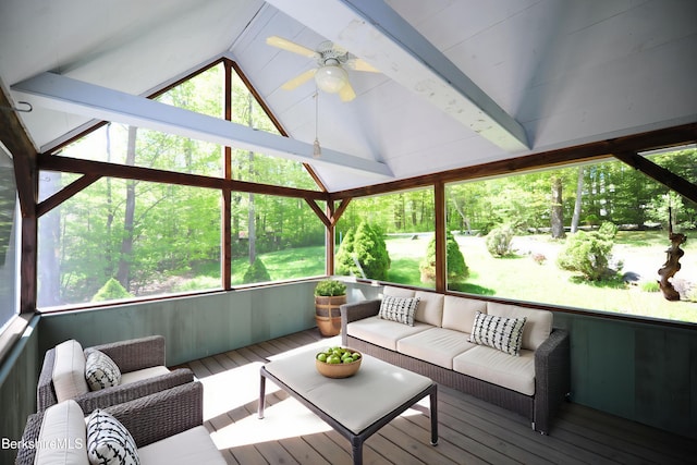 232 Harrington Rd, Otis, MA 01253 - sunroom / solarium featuring ceiling fan, an outdoor hangout area, and healthy amount of natural light