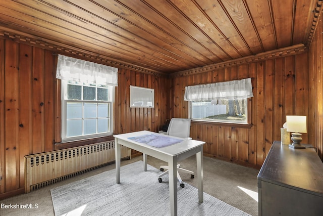 office featuring wooden walls, carpet, wooden ceiling, and radiator heating unit