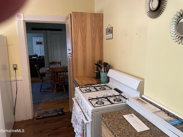 kitchen featuring dark hardwood / wood-style flooring and white range with gas stovetop