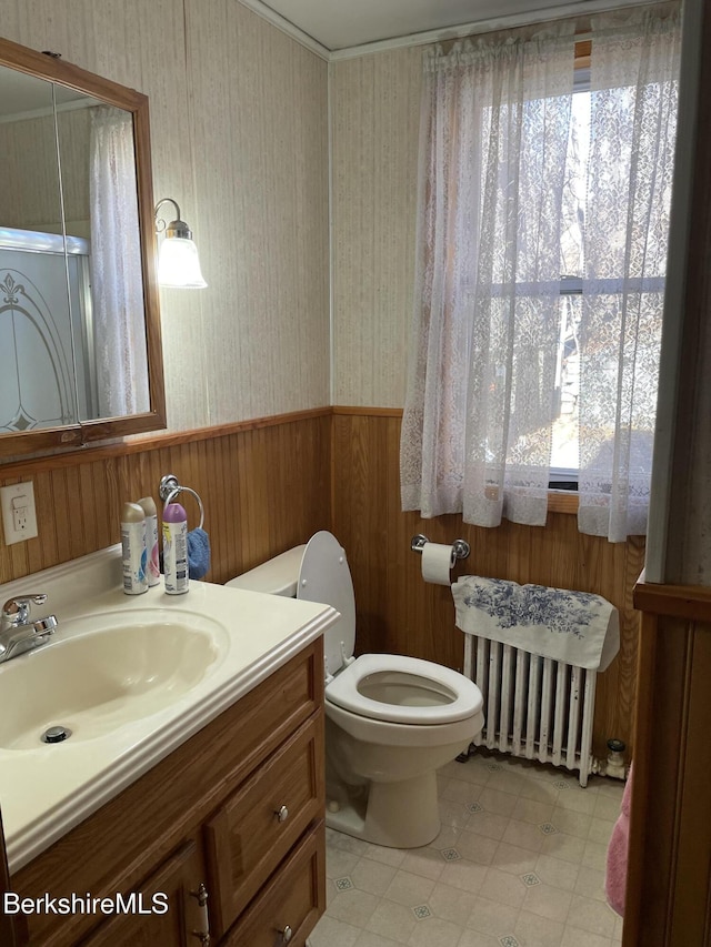 bathroom with vanity, plenty of natural light, radiator, and toilet