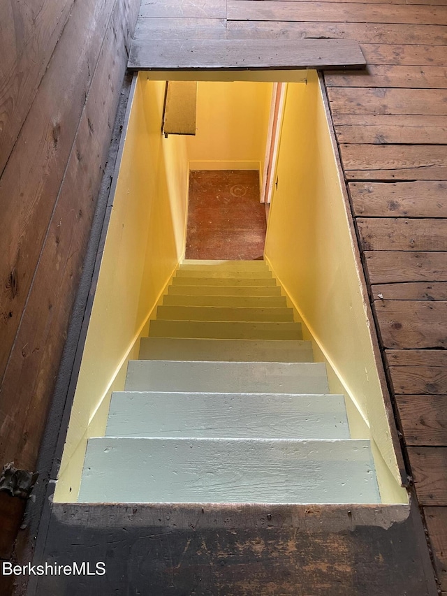 staircase with wood walls