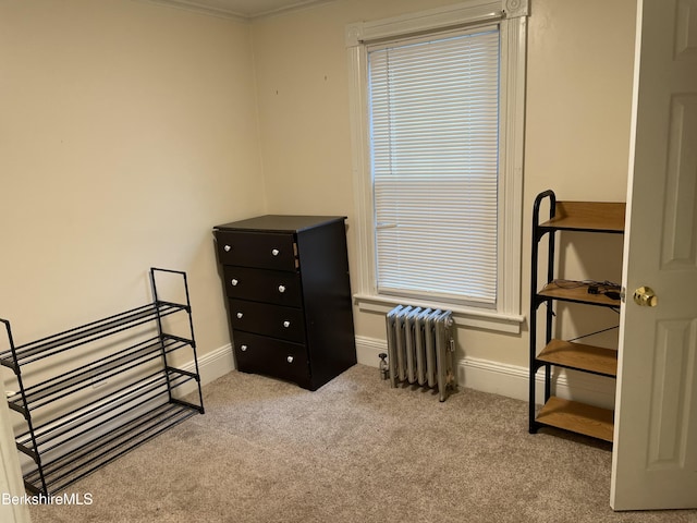 bedroom featuring radiator and light colored carpet