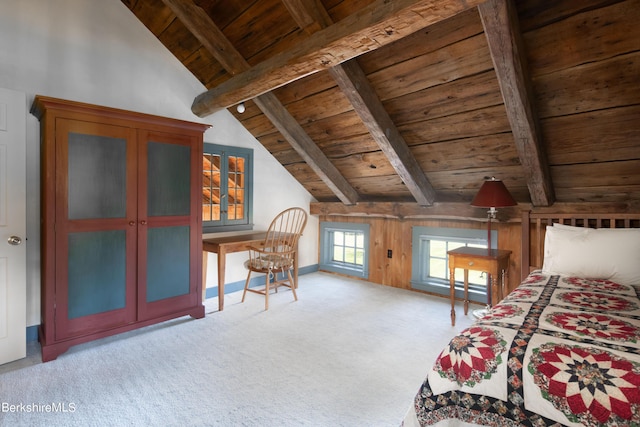 carpeted bedroom featuring vaulted ceiling with beams, wooden walls, and wood ceiling