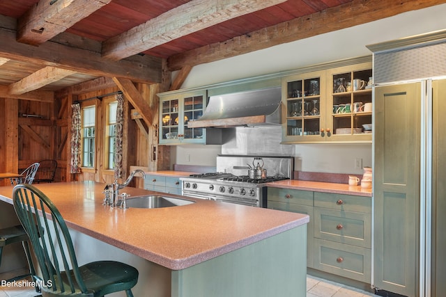 25 Sheffield Rd, Egremont, MA 01230 - kitchen featuring range hood, premium appliances, a wood ceiling with exposed beams, green cabinetry, and a breakfast bar area