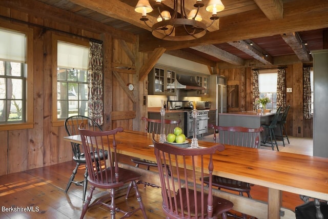 dining space with beam ceiling, an inviting chandelier, wooden ceiling, and wood walls