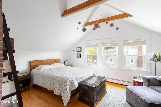 bedroom with multiple windows, lofted ceiling with beams, and light wood-type flooring