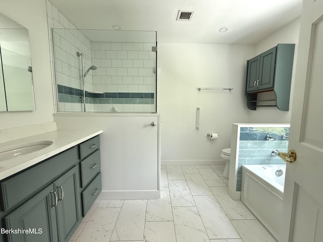2 Copper Beech Ln, Great Barrington, MA 01230 - bathroom with marble look tile flooring, vanity, a garden tub, a tile shower, and recessed lighting