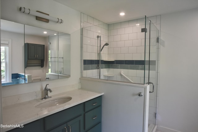 2 Copper Beech Ln, Great Barrington, MA 01230 - bathroom with a stall shower, vanity, and recessed lighting