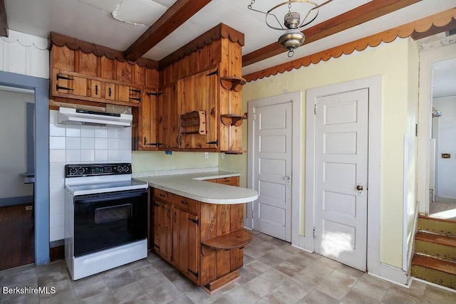 kitchen featuring kitchen peninsula, decorative backsplash, electric range, and beam ceiling