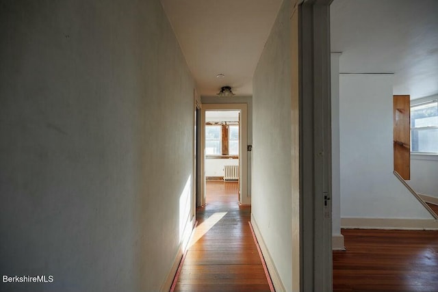 hallway with dark hardwood / wood-style floors and radiator heating unit