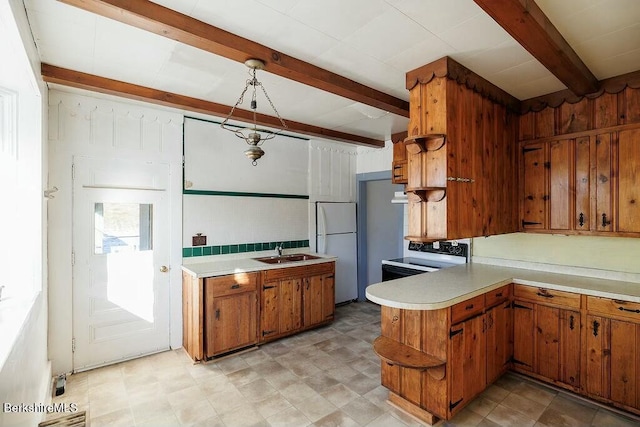 kitchen featuring kitchen peninsula, white appliances, sink, beam ceiling, and hanging light fixtures