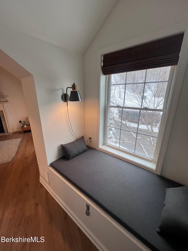 bedroom featuring hardwood / wood-style floors and lofted ceiling