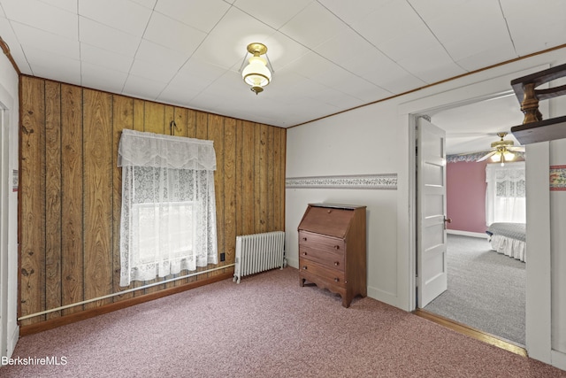 205 High St, Lee, MA 01238 - unfurnished bedroom featuring radiator heating unit, carpet flooring, and wood walls
