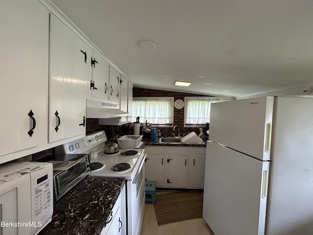 369 Pine Rd, Otis, MA 01253 - kitchen with white appliances, under cabinet range hood, dark countertops, and white cabinetry