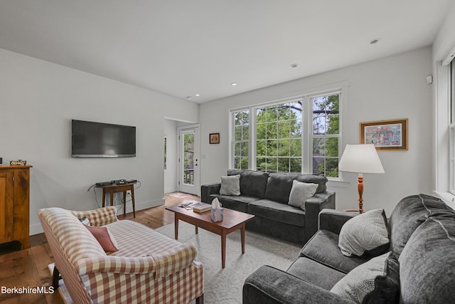 living room with hardwood / wood-style floors and recessed lighting