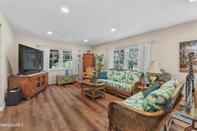 living room with wood-type flooring and baseboard heating