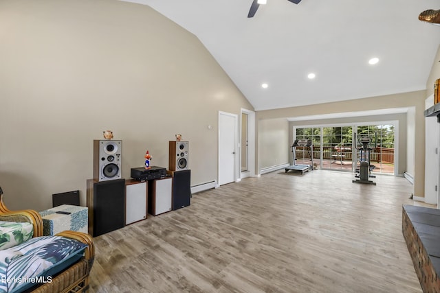 living room featuring ceiling fan, light hardwood / wood-style floors, and a baseboard heating unit