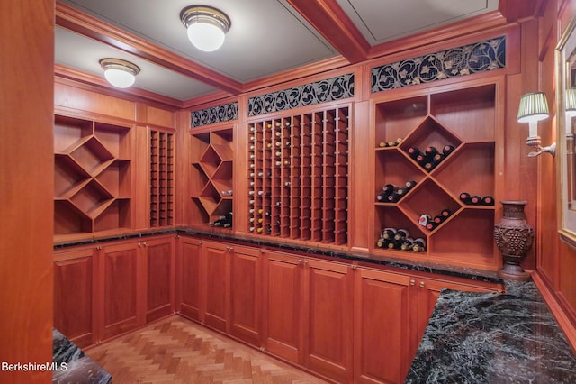 wine cellar with light parquet flooring