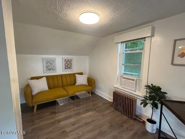 31 Richmond Ln, Adams, MA 01220 - sitting room featuring radiator, a textured ceiling, wood finished floors, vaulted ceiling, and cooling unit