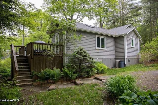 10 Elm Rd, Richmond, MA 01254 - view of side of property featuring stairway, a deck, and a shingled roof