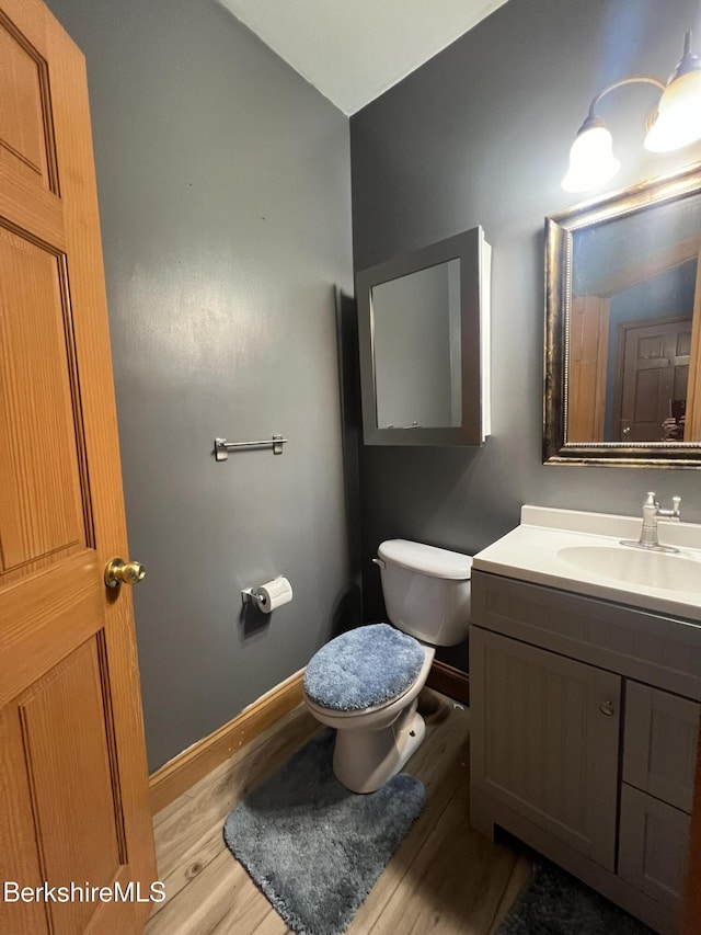 bathroom featuring vanity, hardwood / wood-style flooring, and toilet