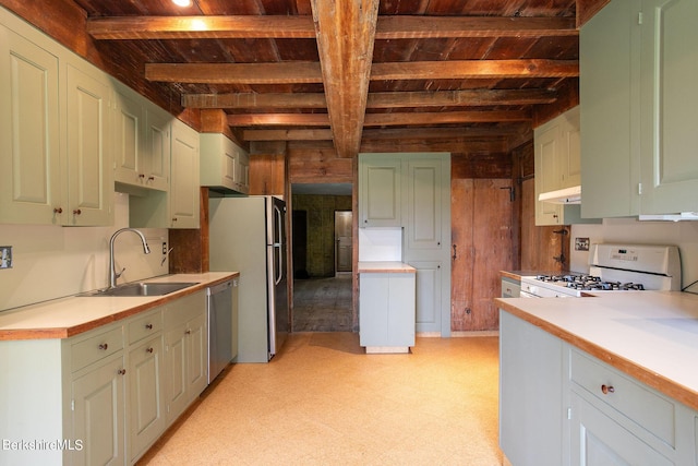 kitchen with beam ceiling, sink, wooden ceiling, and appliances with stainless steel finishes