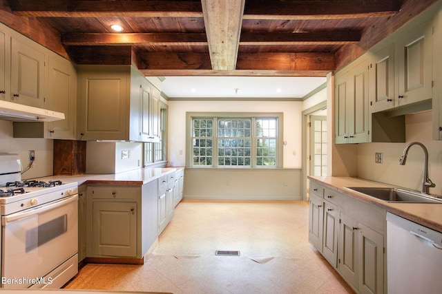 kitchen with beamed ceiling, white appliances, wooden ceiling, and sink