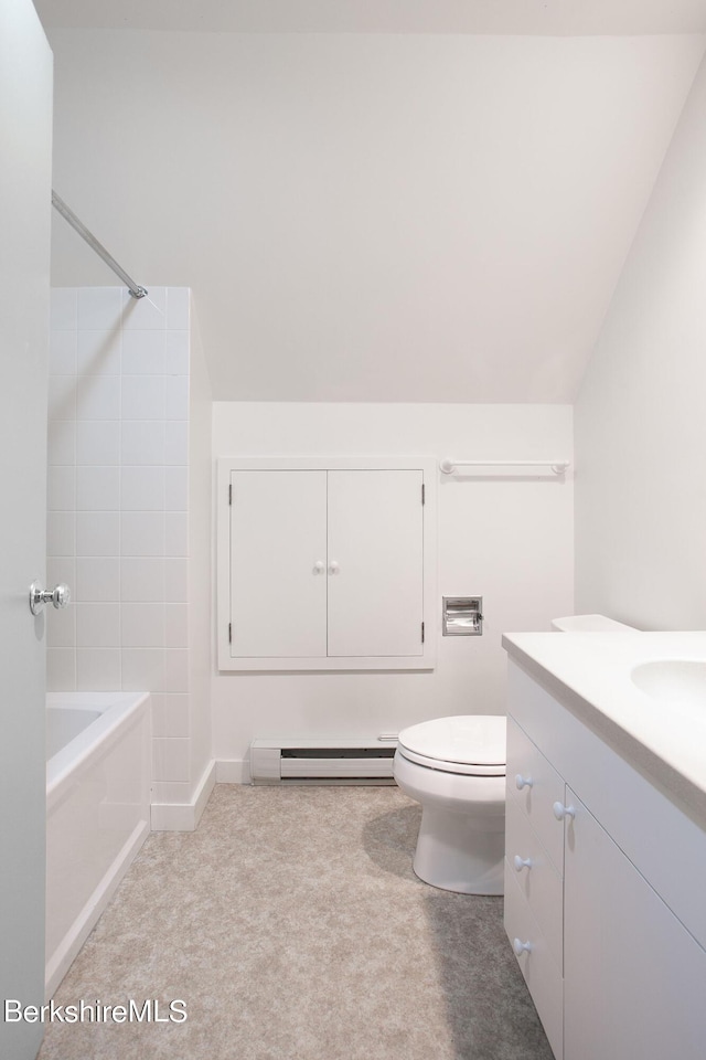 full bathroom featuring toilet, vanity, bathtub / shower combination, and a baseboard heating unit